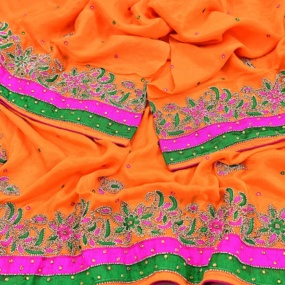 Indian Vintage Heavy Orange Dupatta Pure silk Long Stole Hand Embroidered Hijab Scarves Veil Wrap Zardozi Dabka