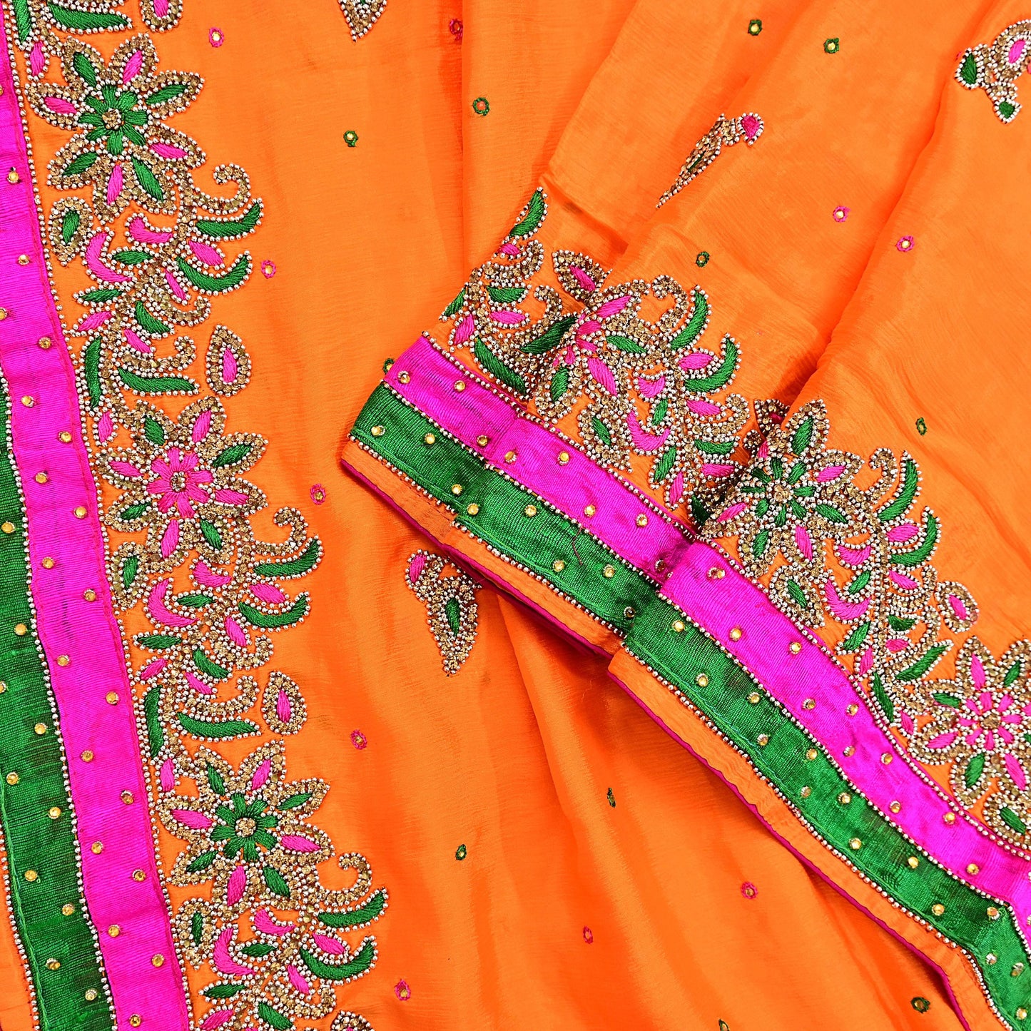 Indian Vintage Heavy Orange Dupatta Pure silk Long Stole Hand Embroidered Hijab Scarves Veil Wrap Zardozi Dabka