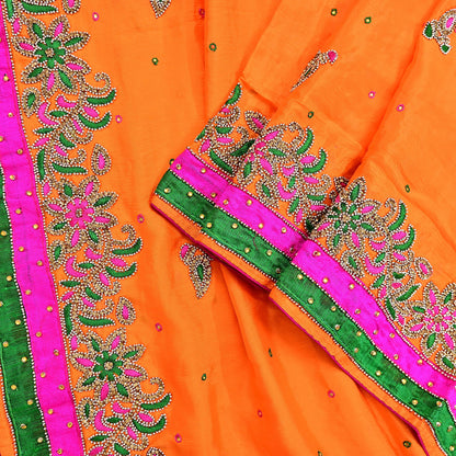 Indian Vintage Heavy Orange Dupatta Pure silk Long Stole Hand Embroidered Hijab Scarves Veil Wrap Zardozi Dabka