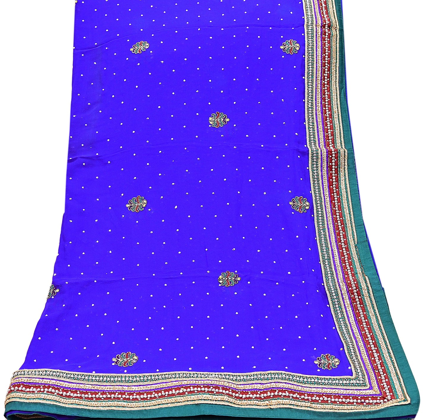 Indian Vintage Heavy Royal Blue Dupatta Pure Georgette Silk Long Stole Hand Embroidered Scarf Zari