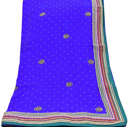 Indian Vintage Heavy Royal Blue Dupatta Pure Georgette Silk Long Stole Hand Embroidered Scarf Zari