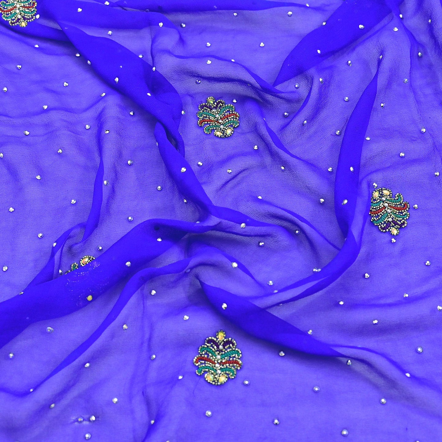 Indian Vintage Heavy Royal Blue Dupatta Pure Georgette Silk Long Stole Hand Embroidered Scarf Zari