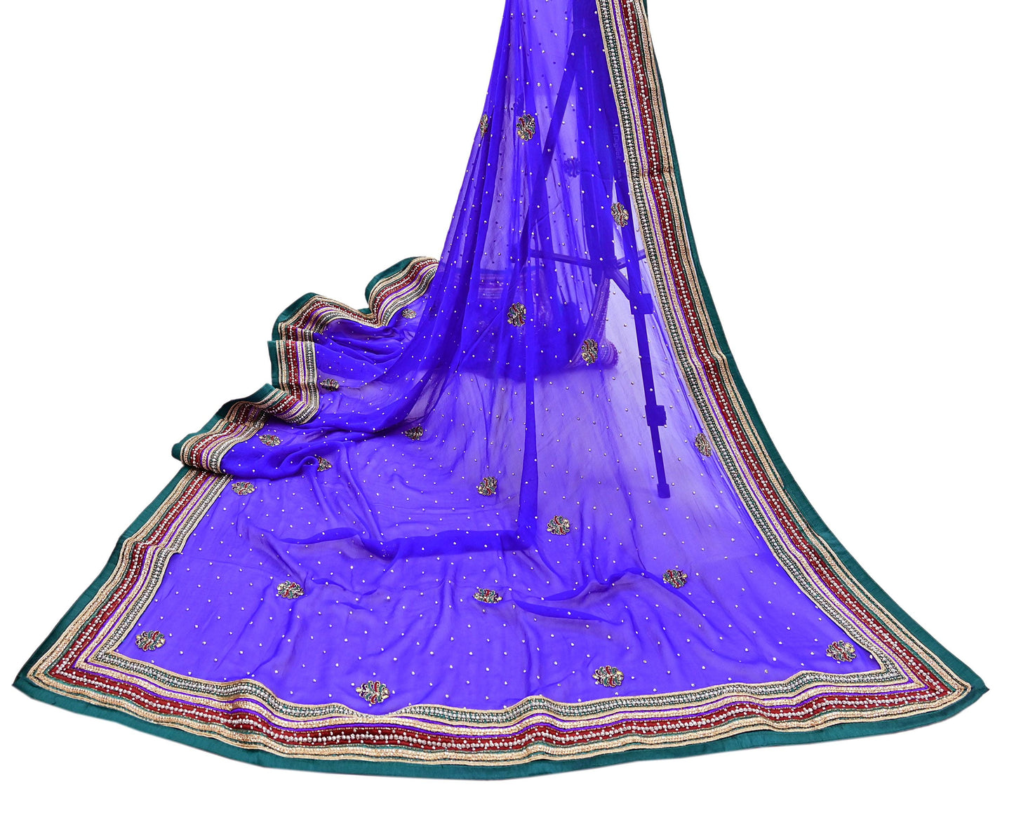 Indian Vintage Heavy Royal Blue Dupatta Pure Georgette Silk Long Stole Hand Embroidered Scarf Zari