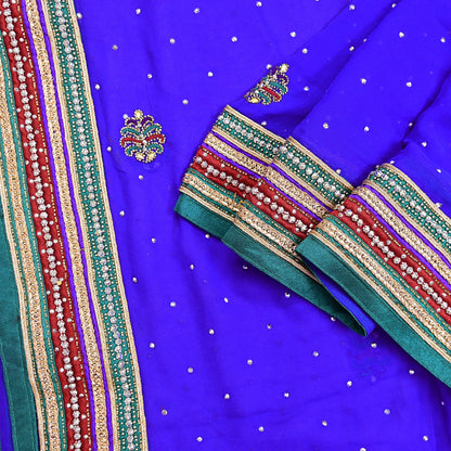 Indian Vintage Heavy Royal Blue Dupatta Pure Georgette Silk Long Stole Hand Embroidered Scarf Zari