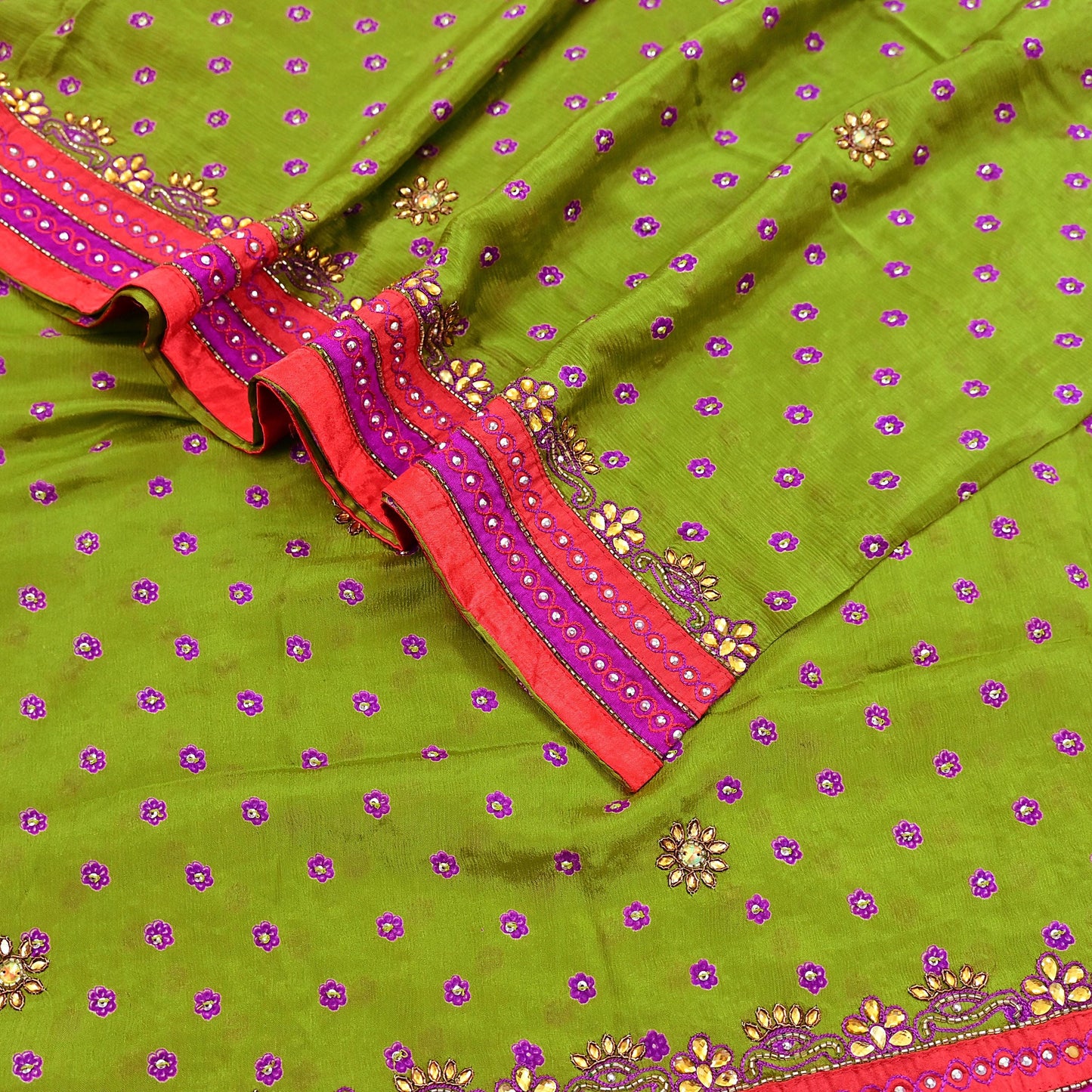 Indian Vintage Heavy green Dupatta Pure silk Long Stole Hand Embroidered Hijab Scarves Veil Wrap Zardozi Dabka