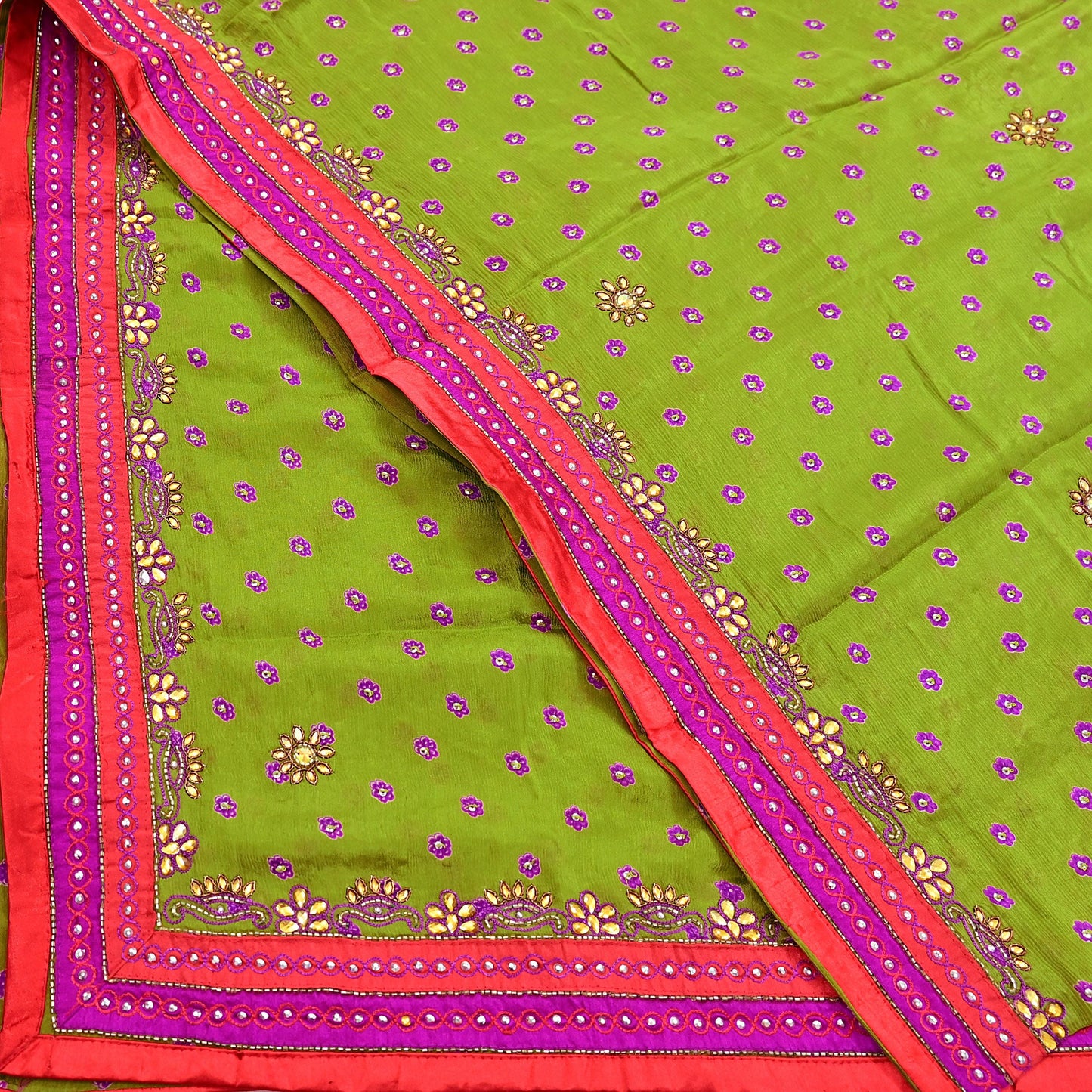 Indian Vintage Heavy green Dupatta Pure silk Long Stole Hand Embroidered Hijab Scarves Veil Wrap Zardozi Dabka
