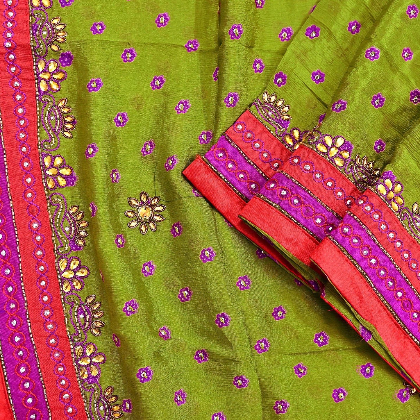Indian Vintage Heavy green Dupatta Pure silk Long Stole Hand Embroidered Hijab Scarves Veil Wrap Zardozi Dabka