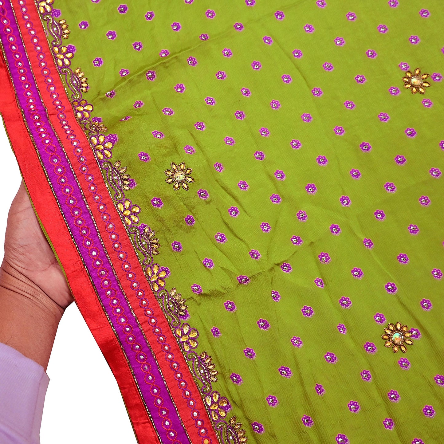 Indian Vintage Heavy green Dupatta Pure silk Long Stole Hand Embroidered Hijab Scarves Veil Wrap Zardozi Dabka