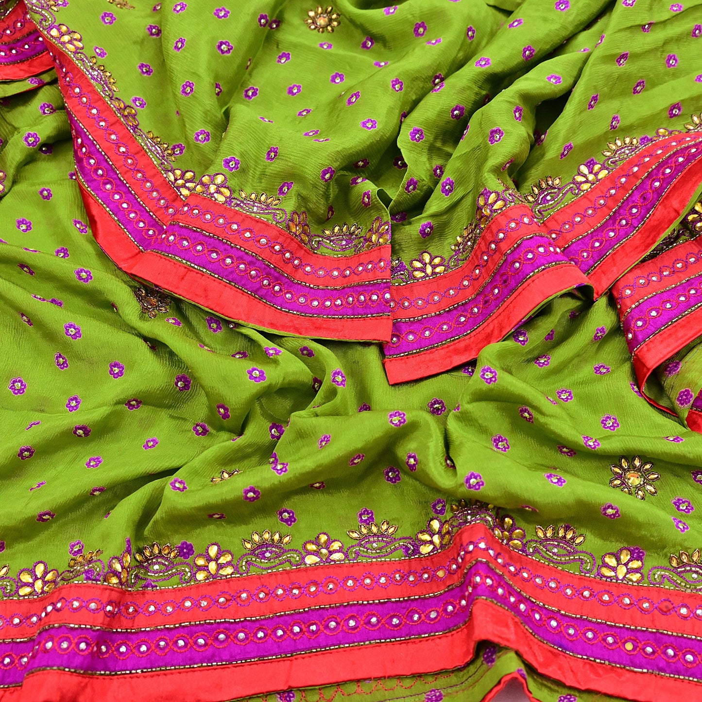 Indian Vintage Heavy green Dupatta Pure silk Long Stole Hand Embroidered Hijab Scarves Veil Wrap Zardozi Dabka