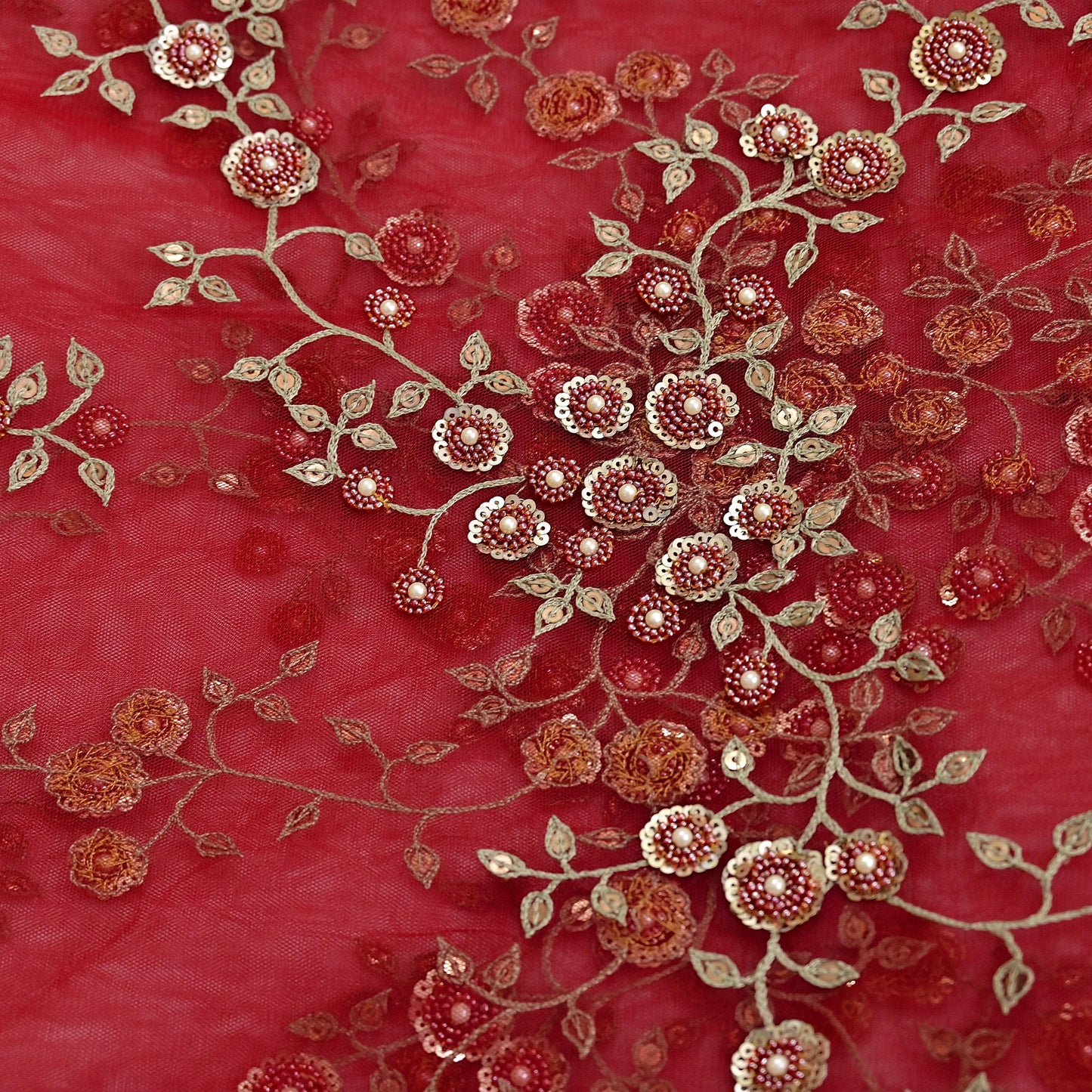 Indian Vintage Heavy Bridal Red Dupatta Net Mesh Long Stole Hand Embroidered Scarves Golden Zardozi Dabka Zari Sequins Wedding Veil Hijab