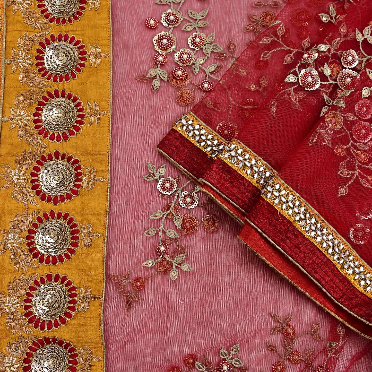 Indian Vintage Heavy Bridal Red Dupatta Net Mesh Long Stole Hand Embroidered Scarves Golden Zardozi Dabka Zari Sequins Wedding Veil Hijab