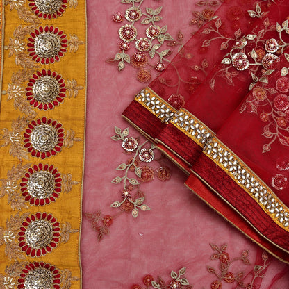 Indian Vintage Heavy Bridal Red Dupatta Net Mesh Long Stole Hand Embroidered Scarves Golden Zardozi Dabka Zari Sequins Wedding Veil Hijab