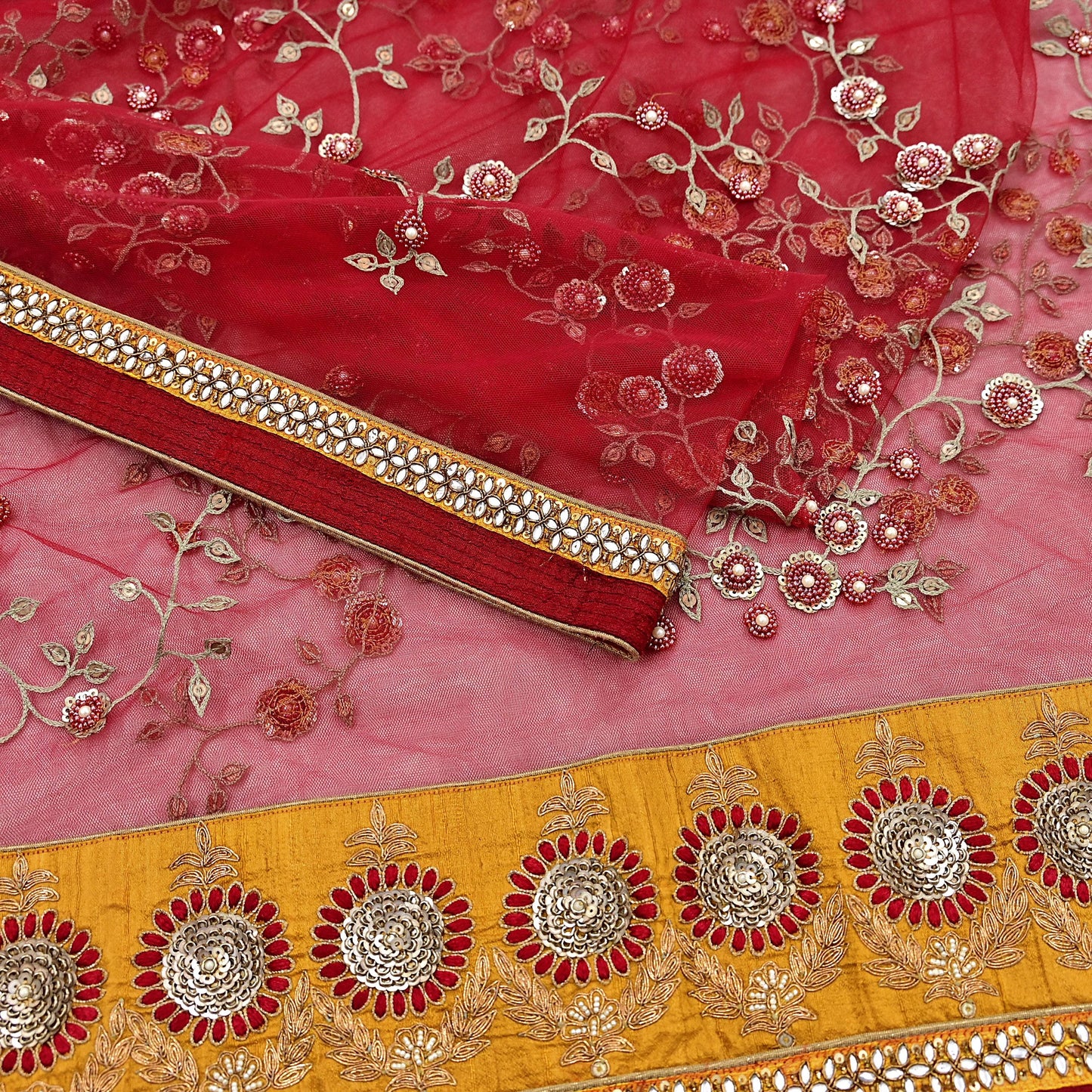 Indian Vintage Heavy Bridal Red Dupatta Net Mesh Long Stole Hand Embroidered Scarves Golden Zardozi Dabka Zari Sequins Wedding Veil Hijab