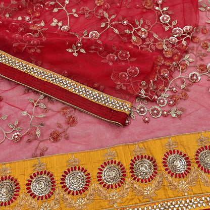 Indian Vintage Heavy Bridal Red Dupatta Net Mesh Long Stole Hand Embroidered Scarves Golden Zardozi Dabka Zari Sequins Wedding Veil Hijab