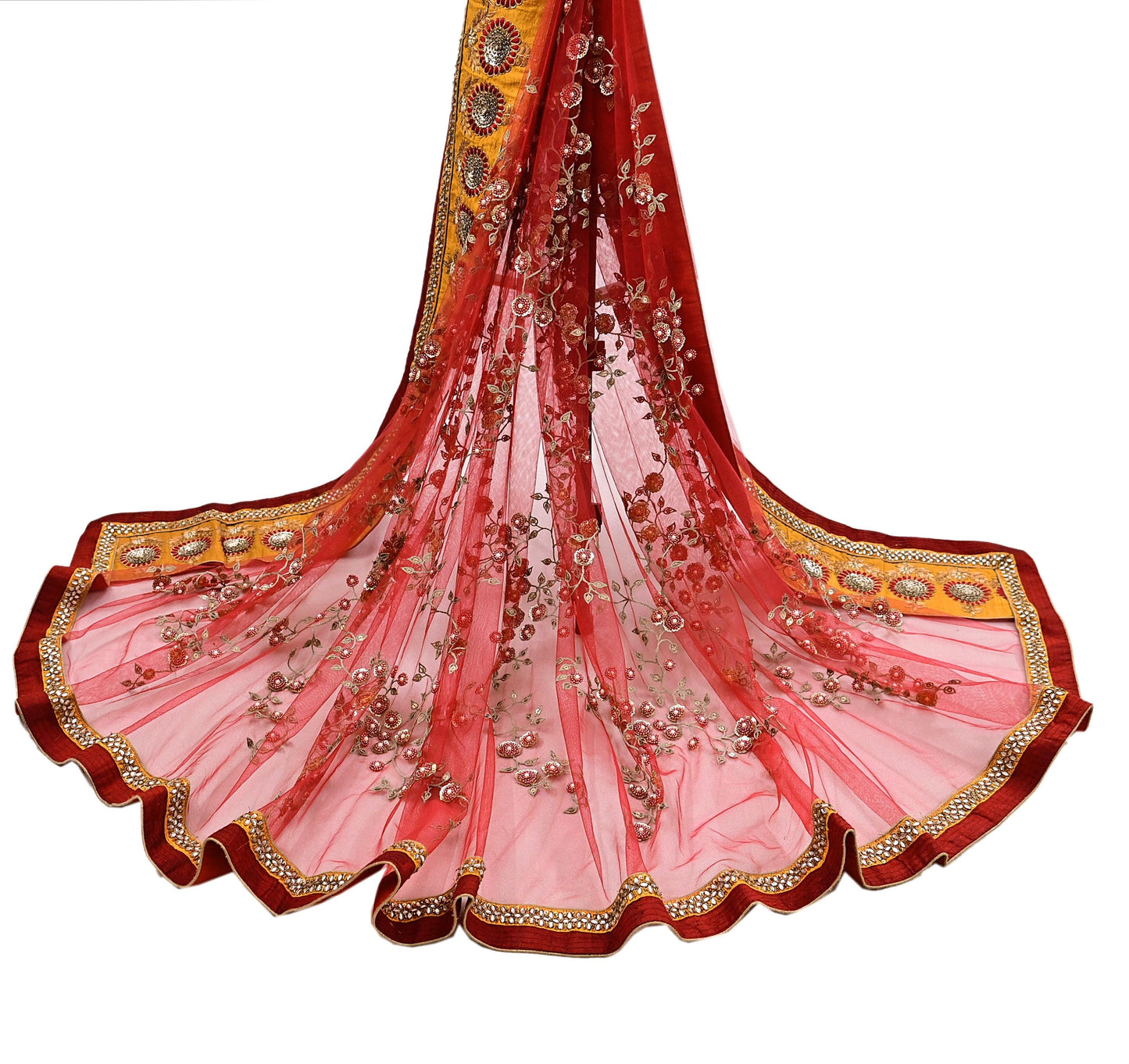 Indian Vintage Heavy Bridal Red Dupatta Net Mesh Long Stole Hand Embroidered Scarves Golden Zardozi Dabka Zari Sequins Wedding Veil Hijab