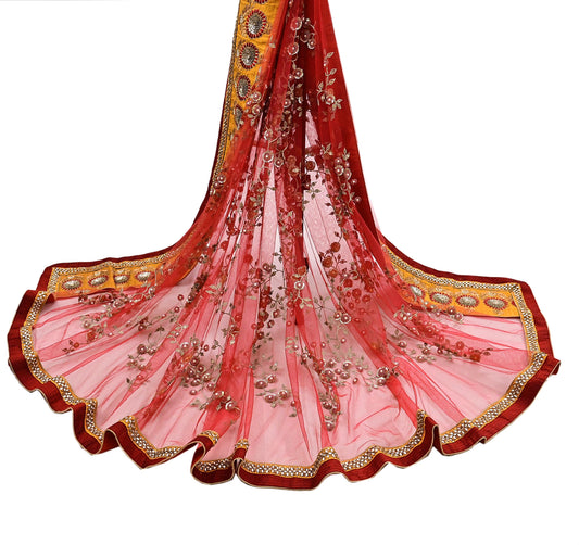 Indian Vintage Heavy Bridal Red Dupatta Net Mesh Long Stole Hand Embroidered Scarves Golden Zardozi Dabka Zari Sequins Wedding Veil Hijab