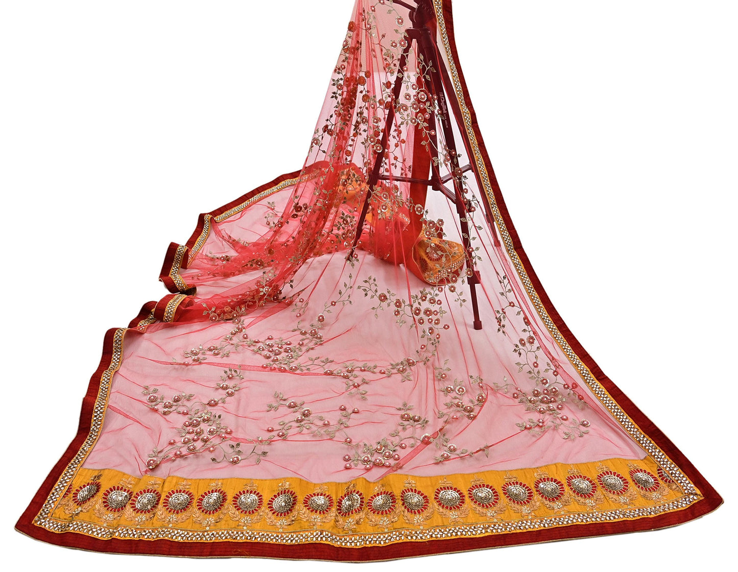 Indian Vintage Heavy Bridal Red Dupatta Net Mesh Long Stole Hand Embroidered Scarves Golden Zardozi Dabka Zari Sequins Wedding Veil Hijab