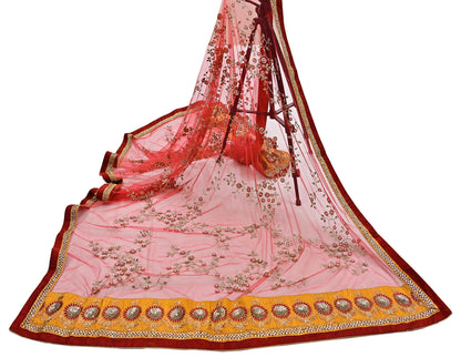 Indian Vintage Heavy Bridal Red Dupatta Net Mesh Long Stole Hand Embroidered Scarves Golden Zardozi Dabka Zari Sequins Wedding Veil Hijab