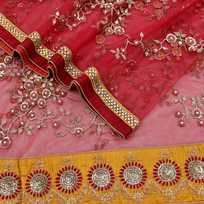 Indian Vintage Heavy Bridal Red Dupatta Net Mesh Long Stole Hand Embroidered Scarves Golden Zardozi Dabka Zari Sequins Wedding Veil Hijab