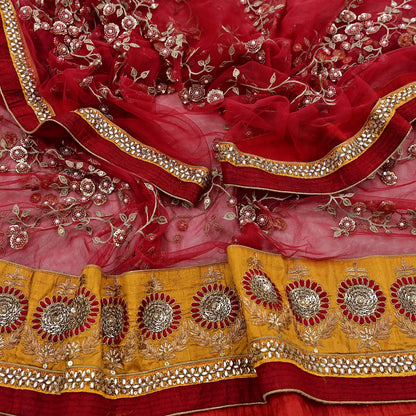 Indian Vintage Heavy Bridal Red Dupatta Net Mesh Long Stole Hand Embroidered Scarves Golden Zardozi Dabka Zari Sequins Wedding Veil Hijab