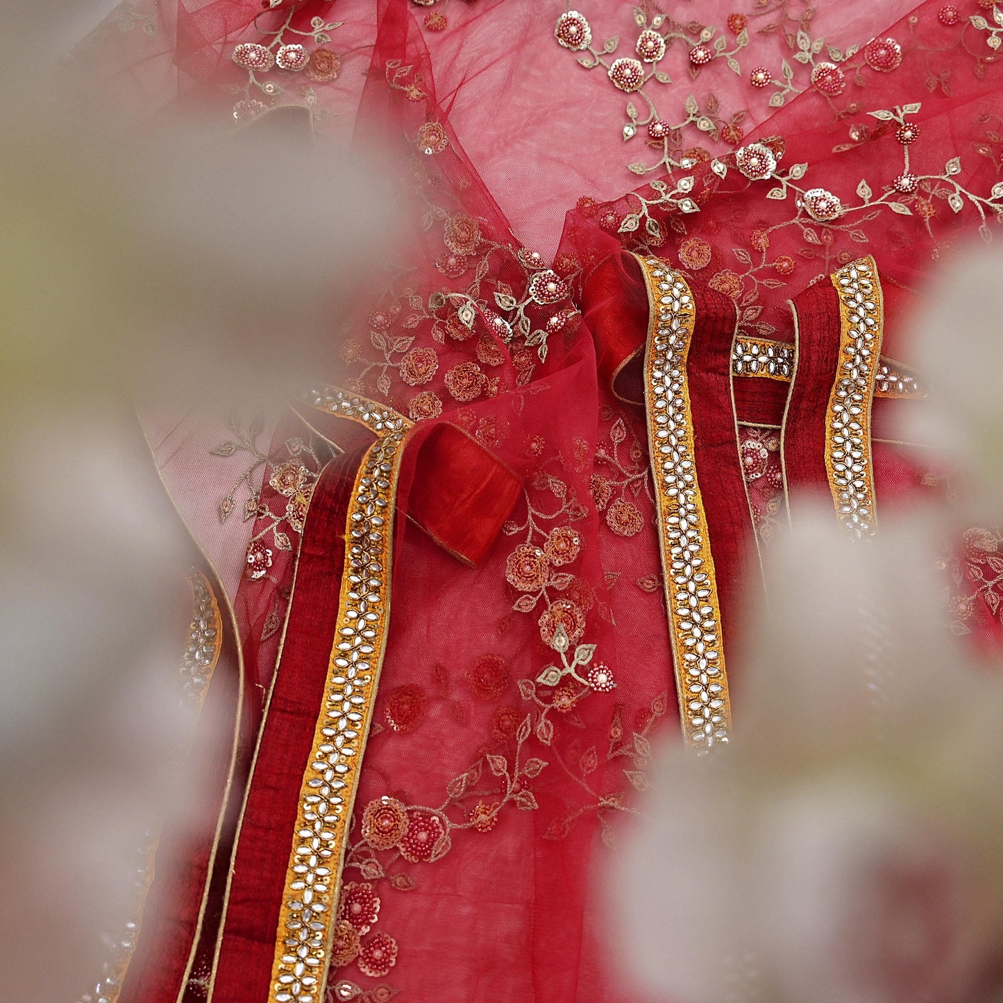 Indian Vintage Heavy Bridal Red Dupatta Net Mesh Long Stole Hand Embroidered Scarves Golden Zardozi Dabka Zari Sequins Wedding Veil Hijab