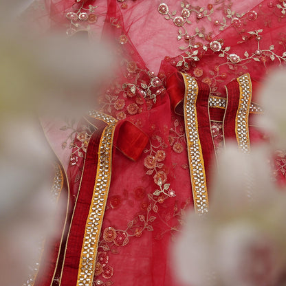 Indian Vintage Heavy Bridal Red Dupatta Net Mesh Long Stole Hand Embroidered Scarves Golden Zardozi Dabka Zari Sequins Wedding Veil Hijab