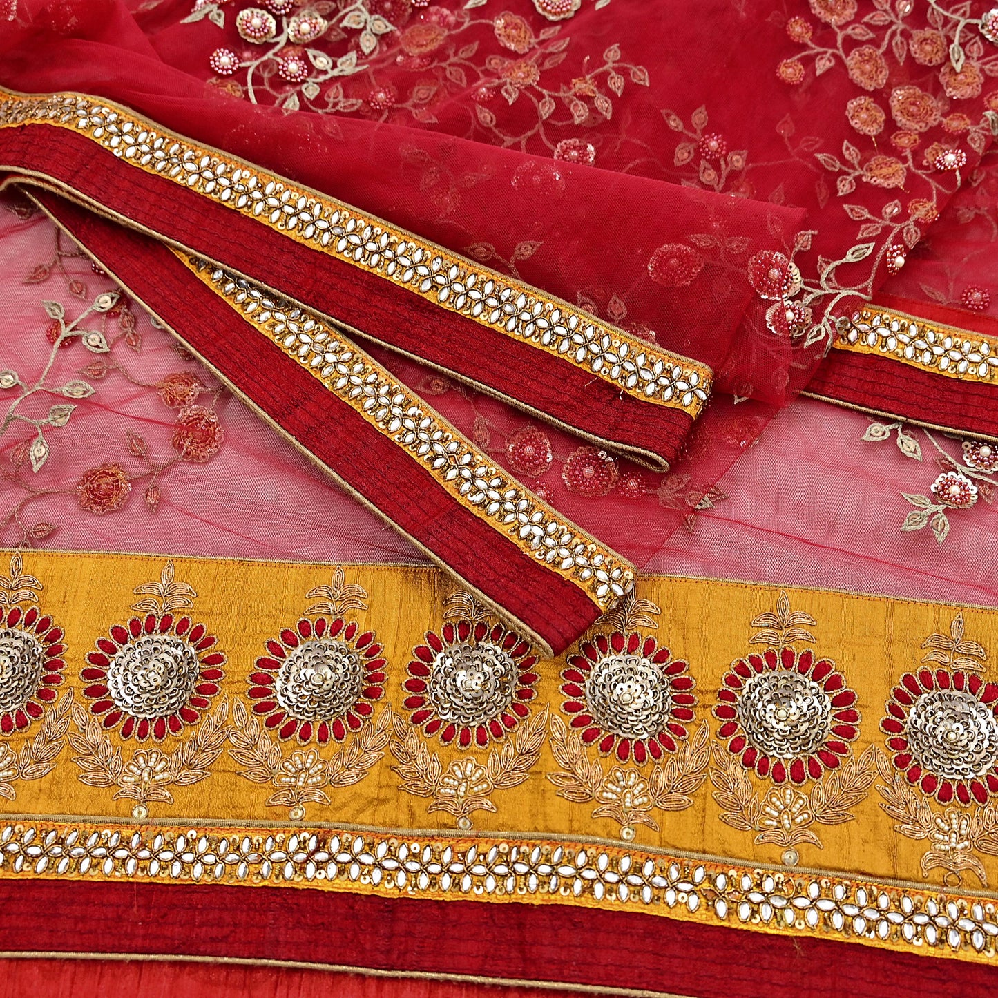 Indian Vintage Heavy Bridal Red Dupatta Net Mesh Long Stole Hand Embroidered Scarves Golden Zardozi Dabka Zari Sequins Wedding Veil Hijab
