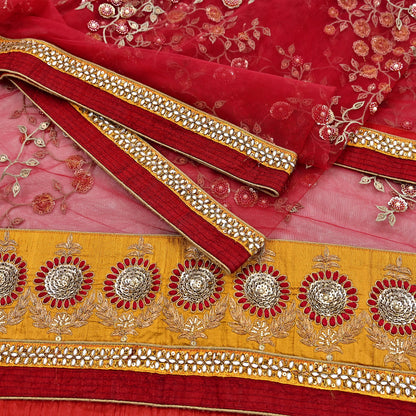 Indian Vintage Heavy Bridal Red Dupatta Net Mesh Long Stole Hand Embroidered Scarves Golden Zardozi Dabka Zari Sequins Wedding Veil Hijab