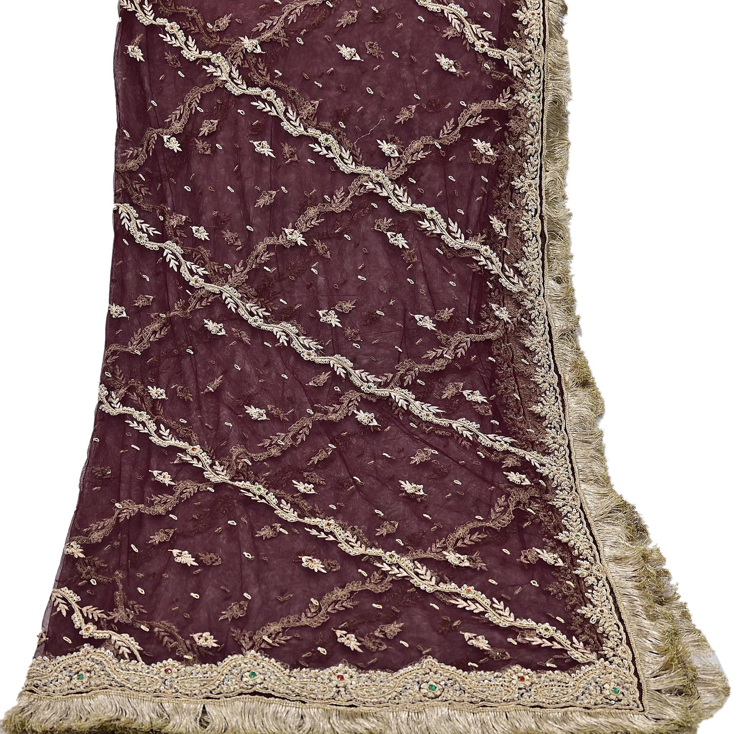 Indian Vintage Heavy Coffee Brown Dupatta Net Mesh Long Stole Hand Embroidered Scarf Zardozi Zari Sequins Stole Bridal Veil