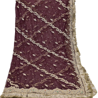 Indian Vintage Heavy Coffee Brown Dupatta Net Mesh Long Stole Hand Embroidered Scarf Zardozi Zari Sequins Stole Bridal Veil