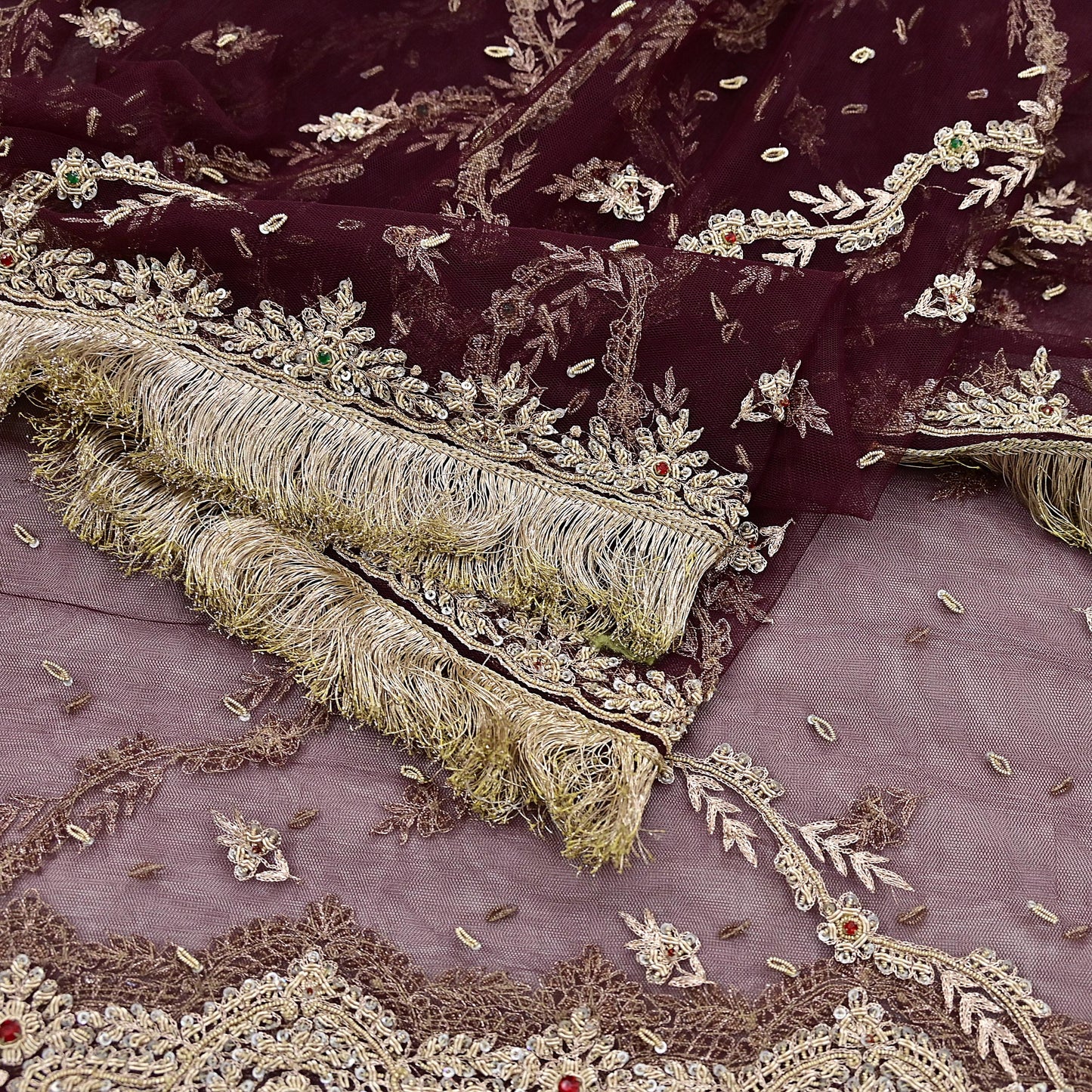 Indian Vintage Heavy Coffee Brown Dupatta Net Mesh Long Stole Hand Embroidered Scarf Zardozi Zari Sequins Stole Bridal Veil