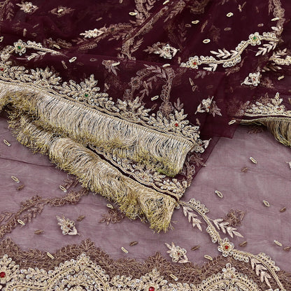 Indian Vintage Heavy Coffee Brown Dupatta Net Mesh Long Stole Hand Embroidered Scarf Zardozi Zari Sequins Stole Bridal Veil