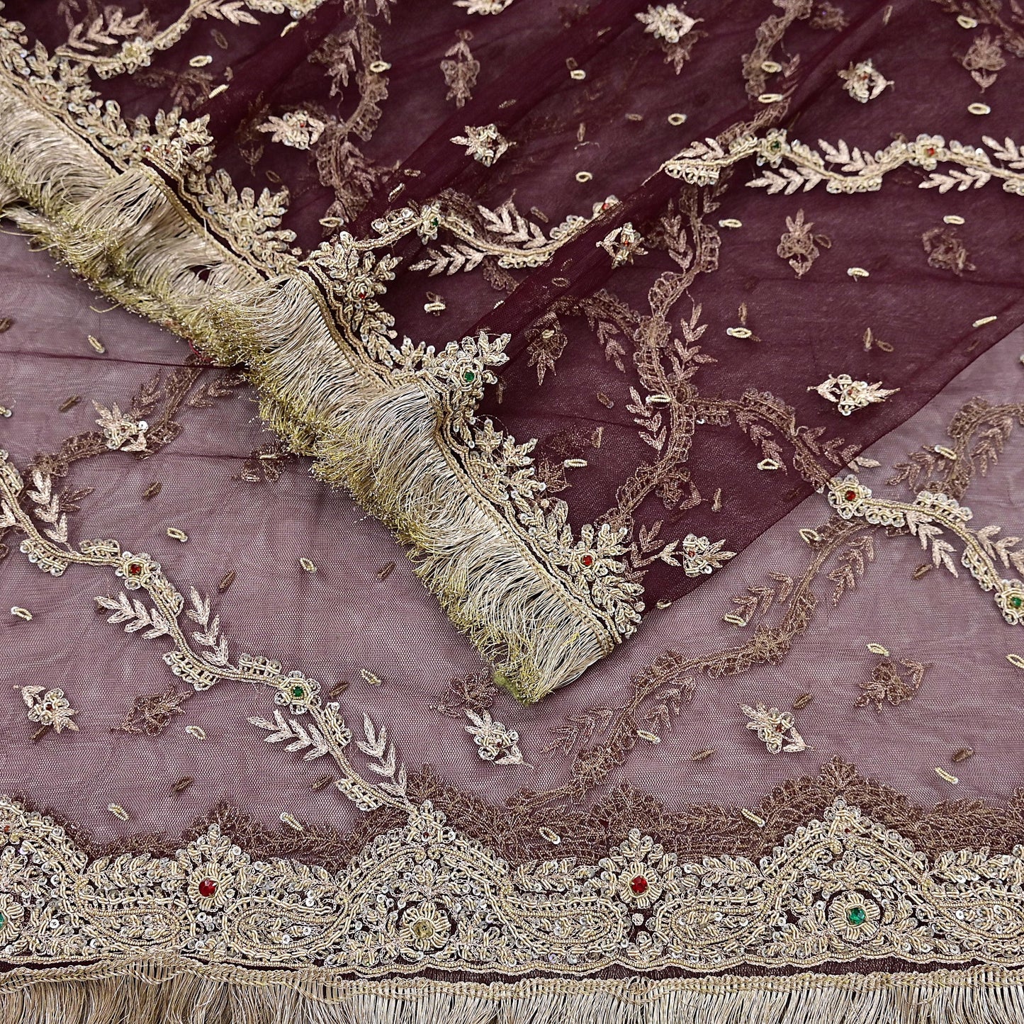 Indian Vintage Heavy Coffee Brown Dupatta Net Mesh Long Stole Hand Embroidered Scarf Zardozi Zari Sequins Stole Bridal Veil