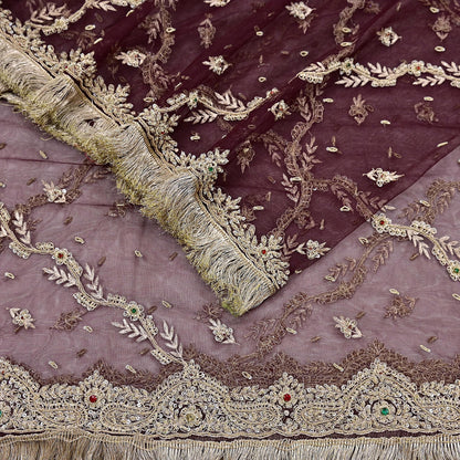Indian Vintage Heavy Coffee Brown Dupatta Net Mesh Long Stole Hand Embroidered Scarf Zardozi Zari Sequins Stole Bridal Veil