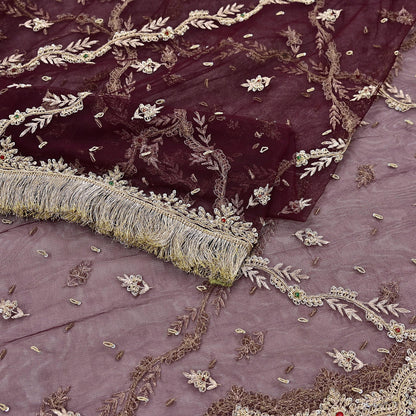 Indian Vintage Heavy Coffee Brown Dupatta Net Mesh Long Stole Hand Embroidered Scarf Zardozi Zari Sequins Stole Bridal Veil