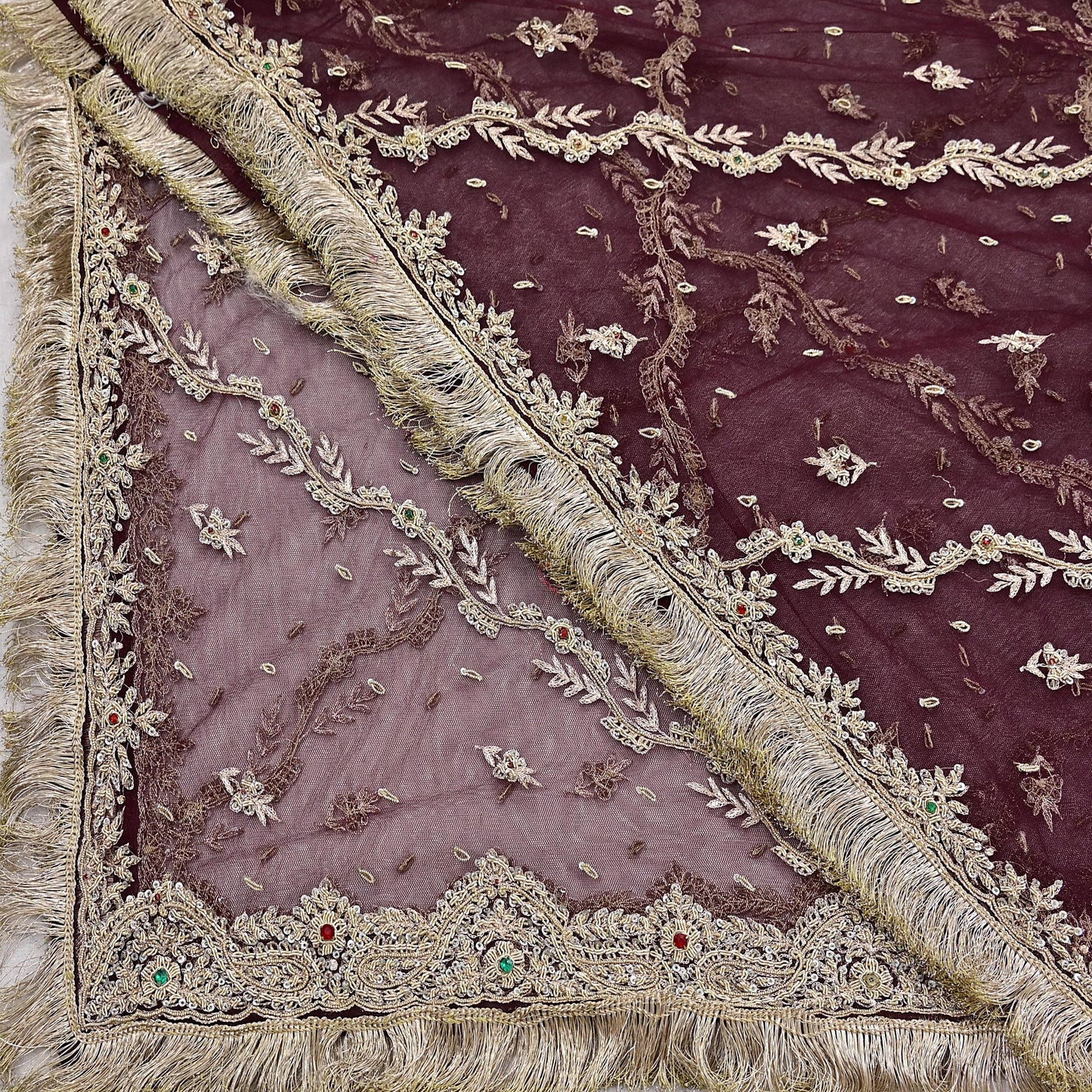 Indian Vintage Heavy Coffee Brown Dupatta Net Mesh Long Stole Hand Embroidered Scarf Zardozi Zari Sequins Stole Bridal Veil