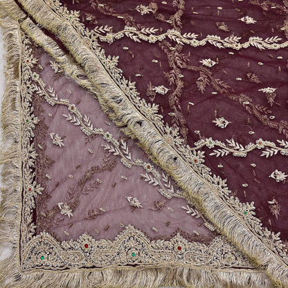 Indian Vintage Heavy Coffee Brown Dupatta Net Mesh Long Stole Hand Embroidered Scarf Zardozi Zari Sequins Stole Bridal Veil