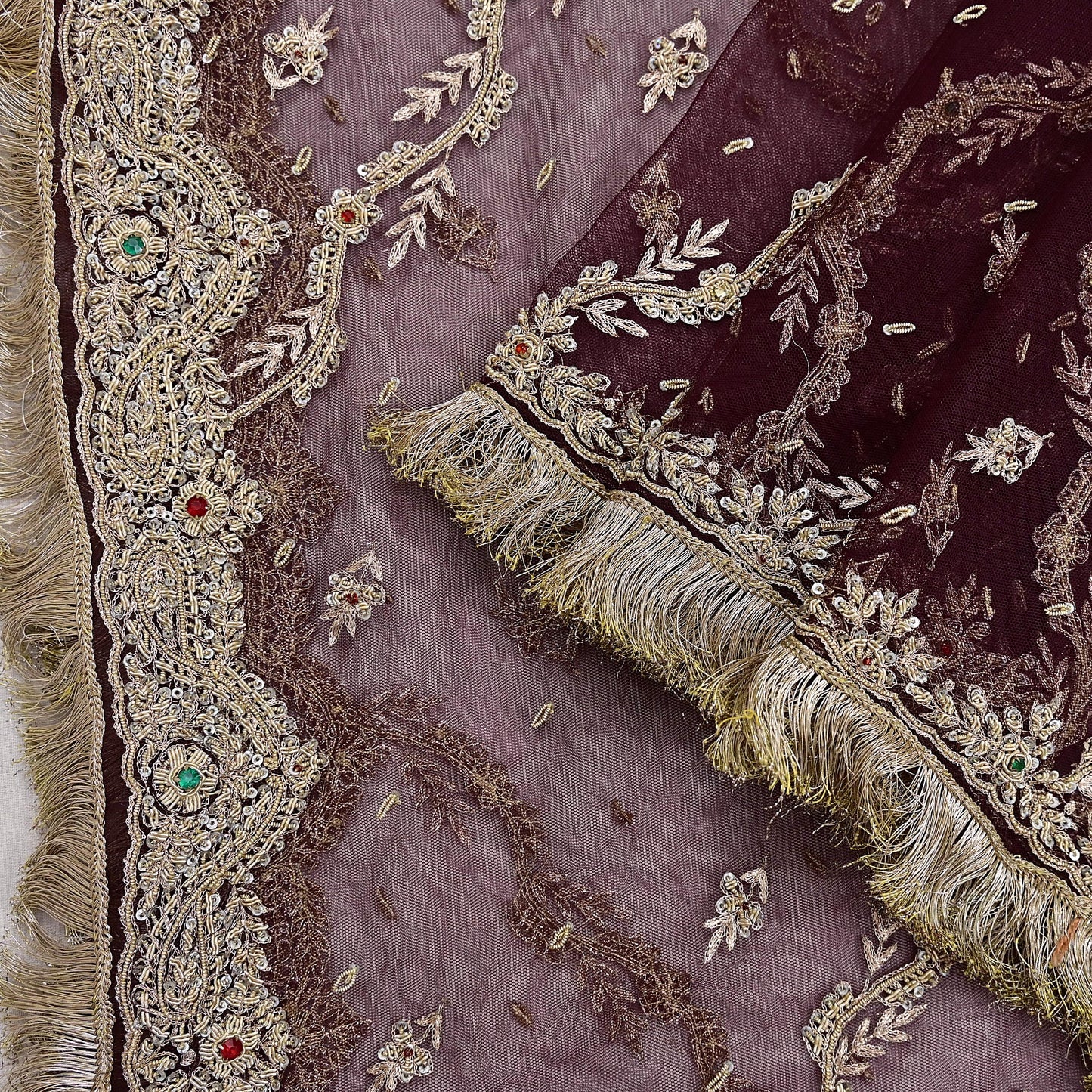 Indian Vintage Heavy Coffee Brown Dupatta Net Mesh Long Stole Hand Embroidered Scarf Zardozi Zari Sequins Stole Bridal Veil