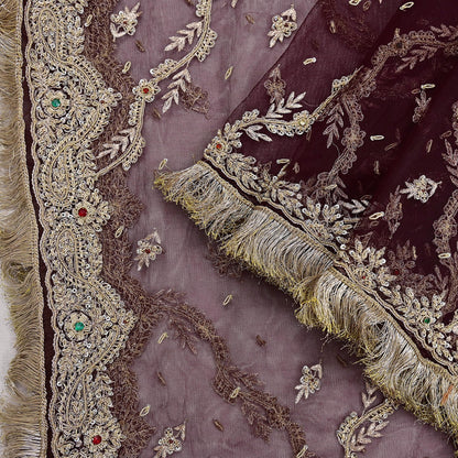 Indian Vintage Heavy Coffee Brown Dupatta Net Mesh Long Stole Hand Embroidered Scarf Zardozi Zari Sequins Stole Bridal Veil