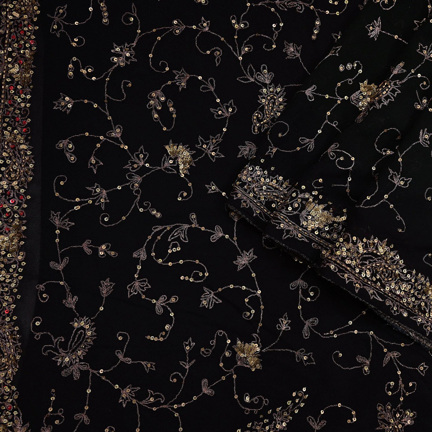 Indian Vintage Heavy Sari Black Pure Georgette Silk Hand Beaded Sarees Craft Fabric 5Yd Sewing Soft Ethnic Wedding Dress making