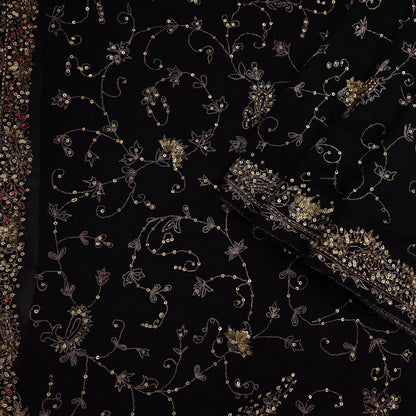Indian Vintage Heavy Sari Black Pure Georgette Silk Hand Beaded Sarees Craft Fabric 5Yd Sewing Soft Ethnic Wedding Dress making