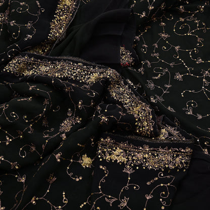 Indian Vintage Heavy Sari Black Pure Georgette Silk Hand Beaded Sarees Craft Fabric 5Yd Sewing Soft Ethnic Wedding Dress making