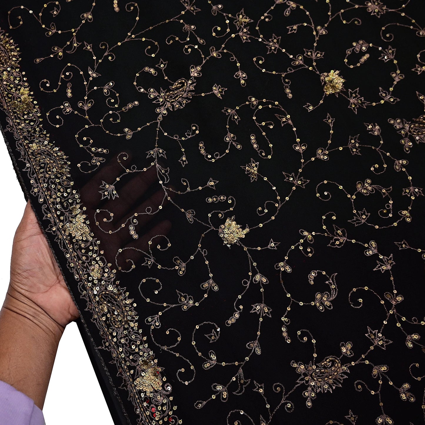 Indian Vintage Heavy Sari Black Pure Georgette Silk Hand Beaded Sarees Craft Fabric 5Yd Sewing Soft Ethnic Wedding Dress making