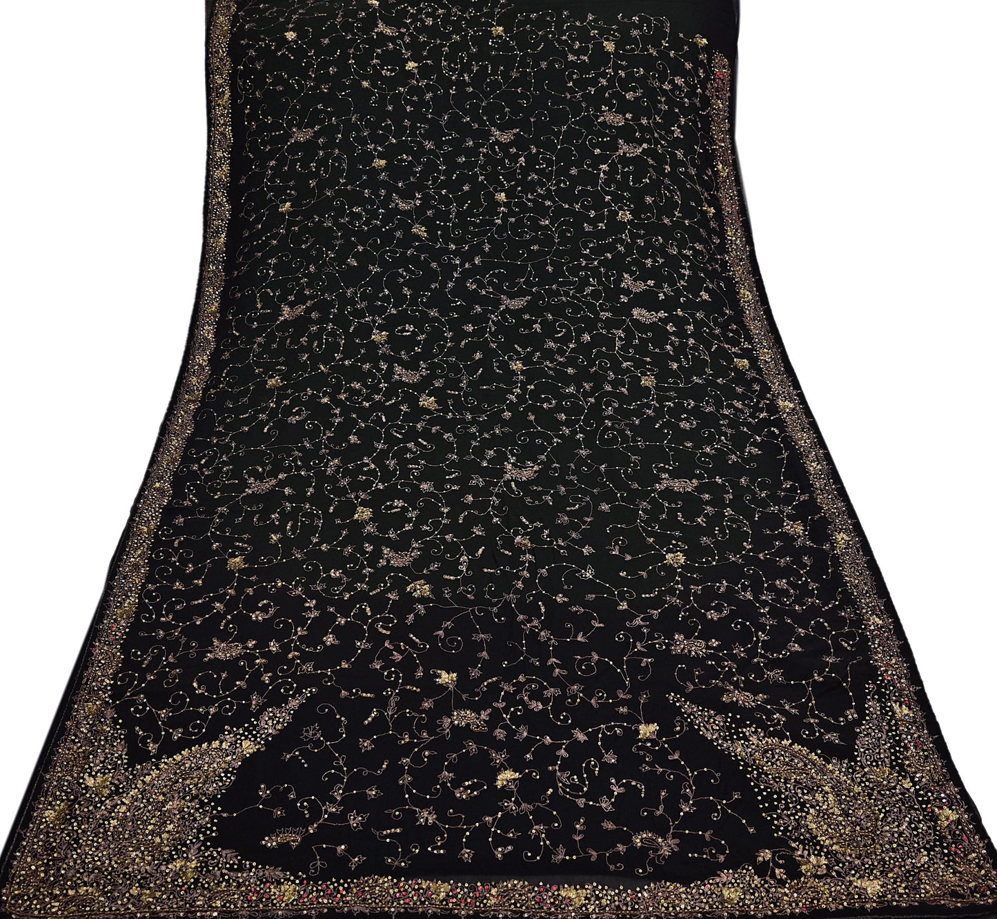 Indian Vintage Heavy Sari Black Pure Georgette Silk Hand Beaded Sarees Craft Fabric 5Yd Sewing Soft Ethnic Wedding Dress making