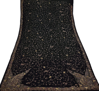 Indian Vintage Heavy Sari Black Pure Georgette Silk Hand Beaded Sarees Craft Fabric 5Yd Sewing Soft Ethnic Wedding Dress making