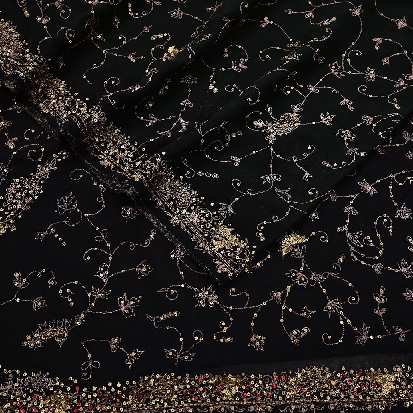 Indian Vintage Heavy Sari Black Pure Georgette Silk Hand Beaded Sarees Craft Fabric 5Yd Sewing Soft Ethnic Wedding Dress making