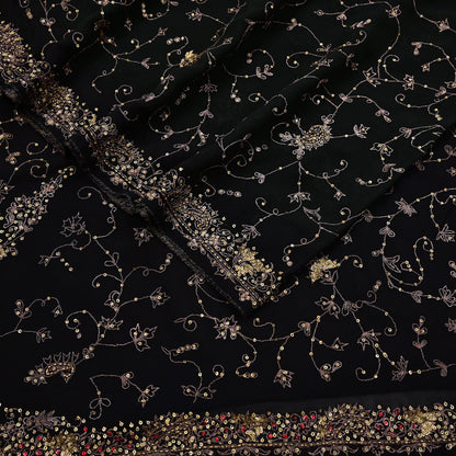 Indian Vintage Heavy Sari Black Pure Georgette Silk Hand Beaded Sarees Craft Fabric 5Yd Sewing Soft Ethnic Wedding Dress making