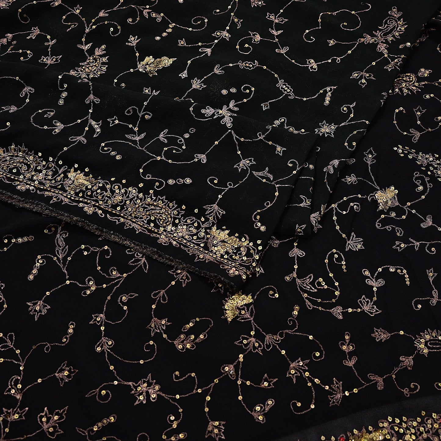 Indian Vintage Heavy Sari Black Pure Georgette Silk Hand Beaded Sarees Craft Fabric 5Yd Sewing Soft Ethnic Wedding Dress making