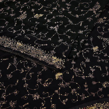 Indian Vintage Heavy Sari Black Pure Georgette Silk Hand Beaded Sarees Craft Fabric 5Yd Sewing Soft Ethnic Wedding Dress making