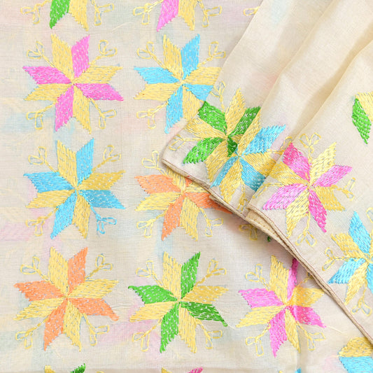 Indian Vintage Ivory Dupatta Long Stole Pure Silk Hand Embroidered Bagh Phulkari Stole Scarves Golden Lace